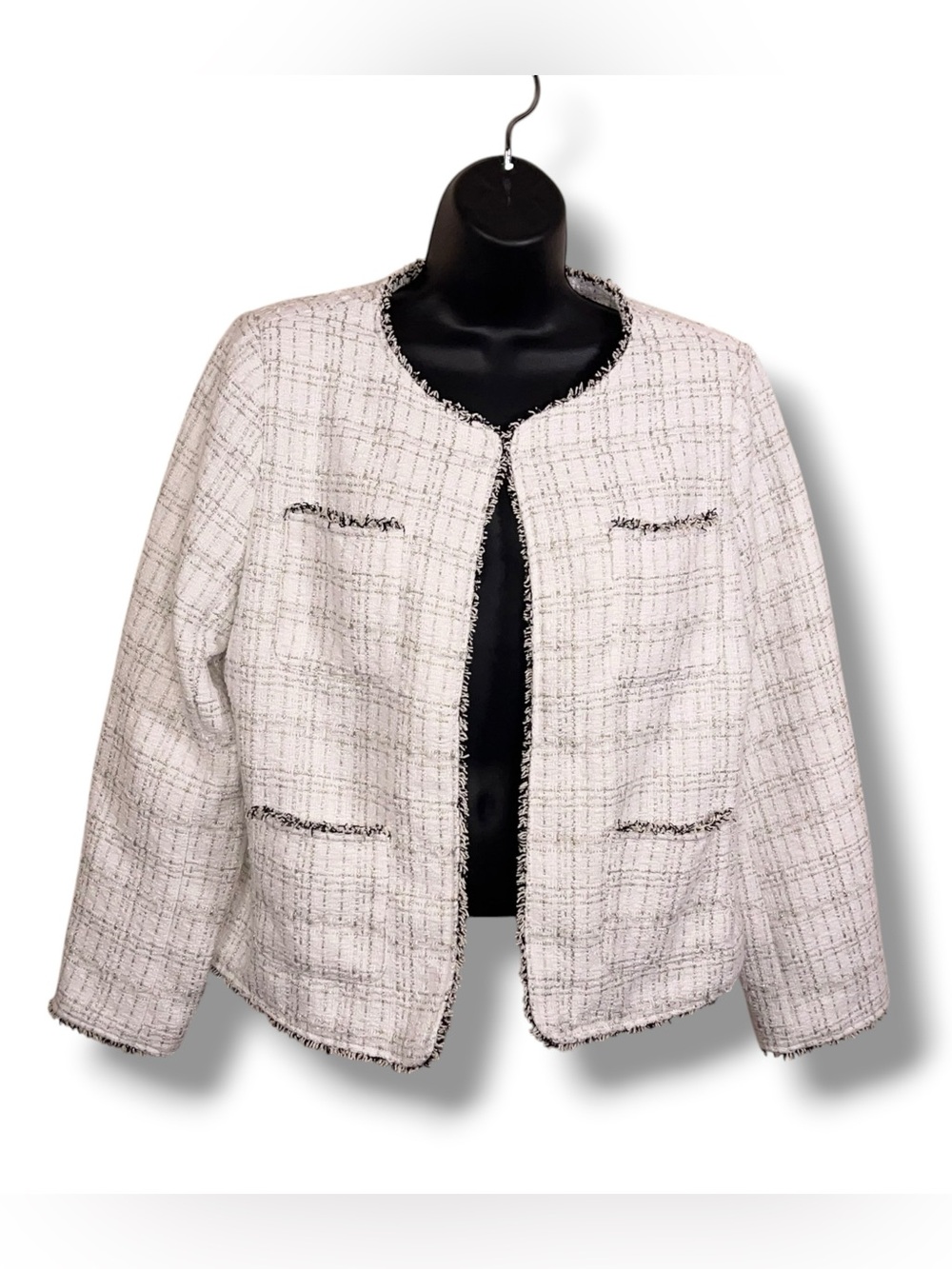 Large Adyson Parker White Tweed Jacket Blazer Retro Preppy Quiet Luxury Elegant